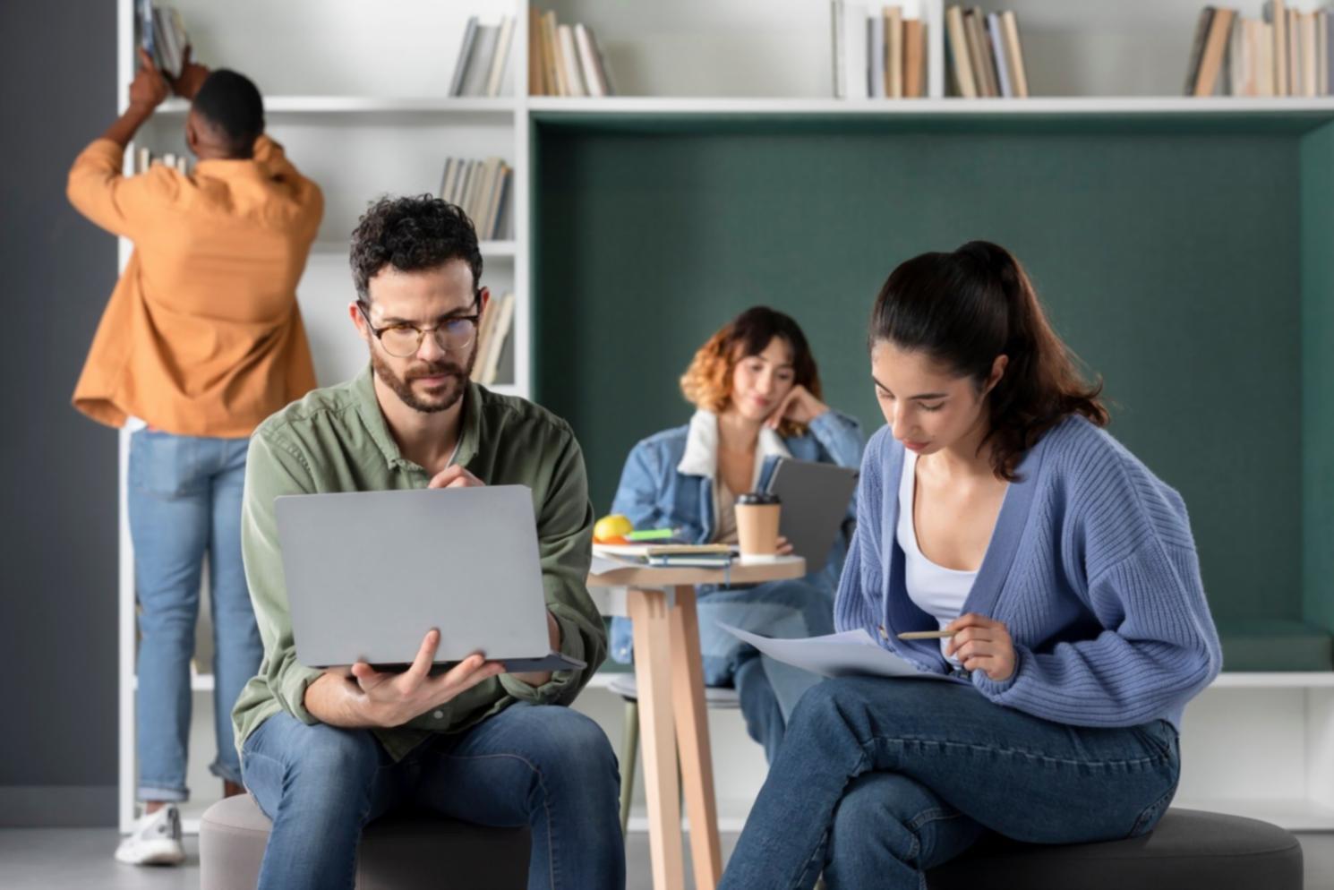 Students analyzing financial documents and charts during a practical learning session